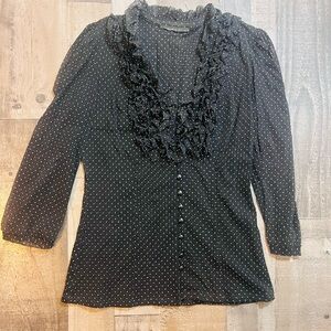 Black Ruffled 3/4 Sleeve Blouse with Bib Collar